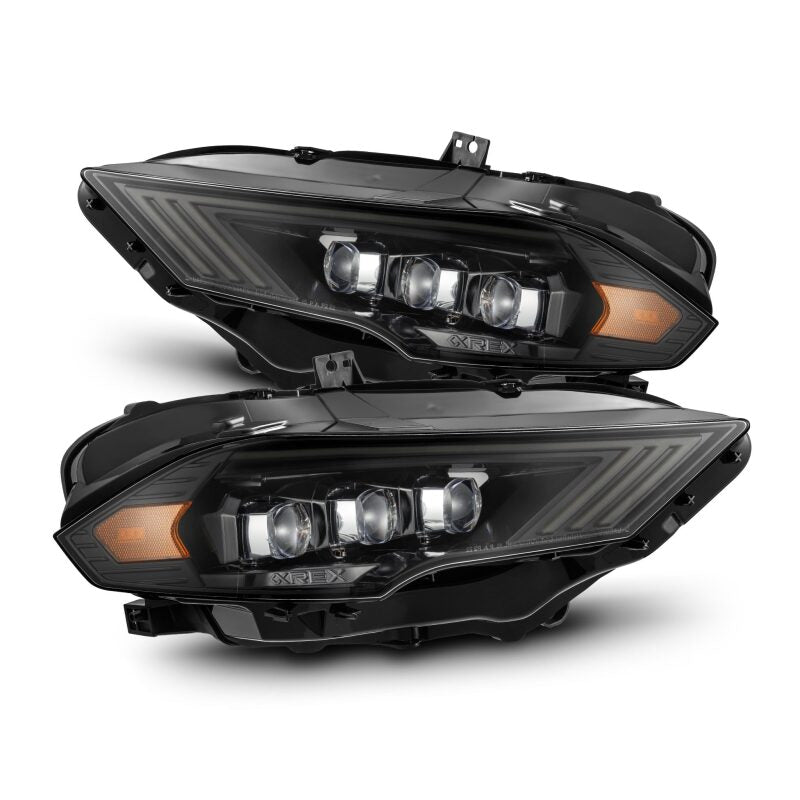 AlphaRex NOVA-Series LED projector headlights for 2018-2022 Ford Mustang in black, featuring sleek design and enhanced visibility.