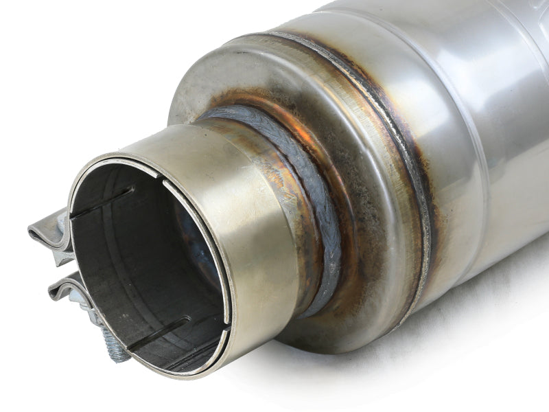 Afe MACH Force-Xp muffler with a 3-inch inlet, 5-inch diameter, and 19-inch overall length, showcasing a round body design.