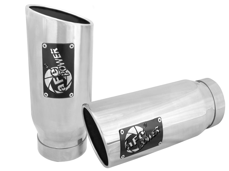 Polished afe MACH Force-Xp universal exhaust tip with 4-inch inlet, 5-inch outlet, and 12-inch length for enhanced performance.