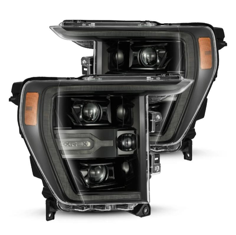 AlphaRex Luxx-Series projector headlights for 21-22 Ford F150 in alpha-black with active light and sequential signal.