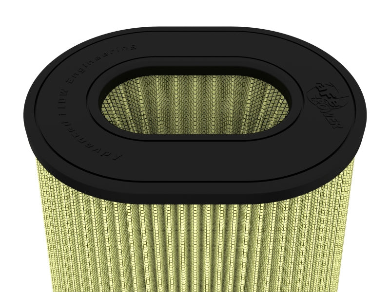 afe Magnum FORCE replacement air filter with an inverted design, featuring a black top and pleated filter material for enhanced airflow.