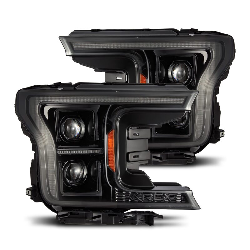 AlphaRex LUXX LED projector headlights for 2018-2020 Ford F-150 with sequential signal and daytime running lights.