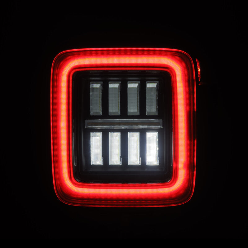 AlphaRex NOVA Prismatic LED taillights for 2018-2023 Jeep Wrangler JL in black and red design, showcasing bright illumination.
