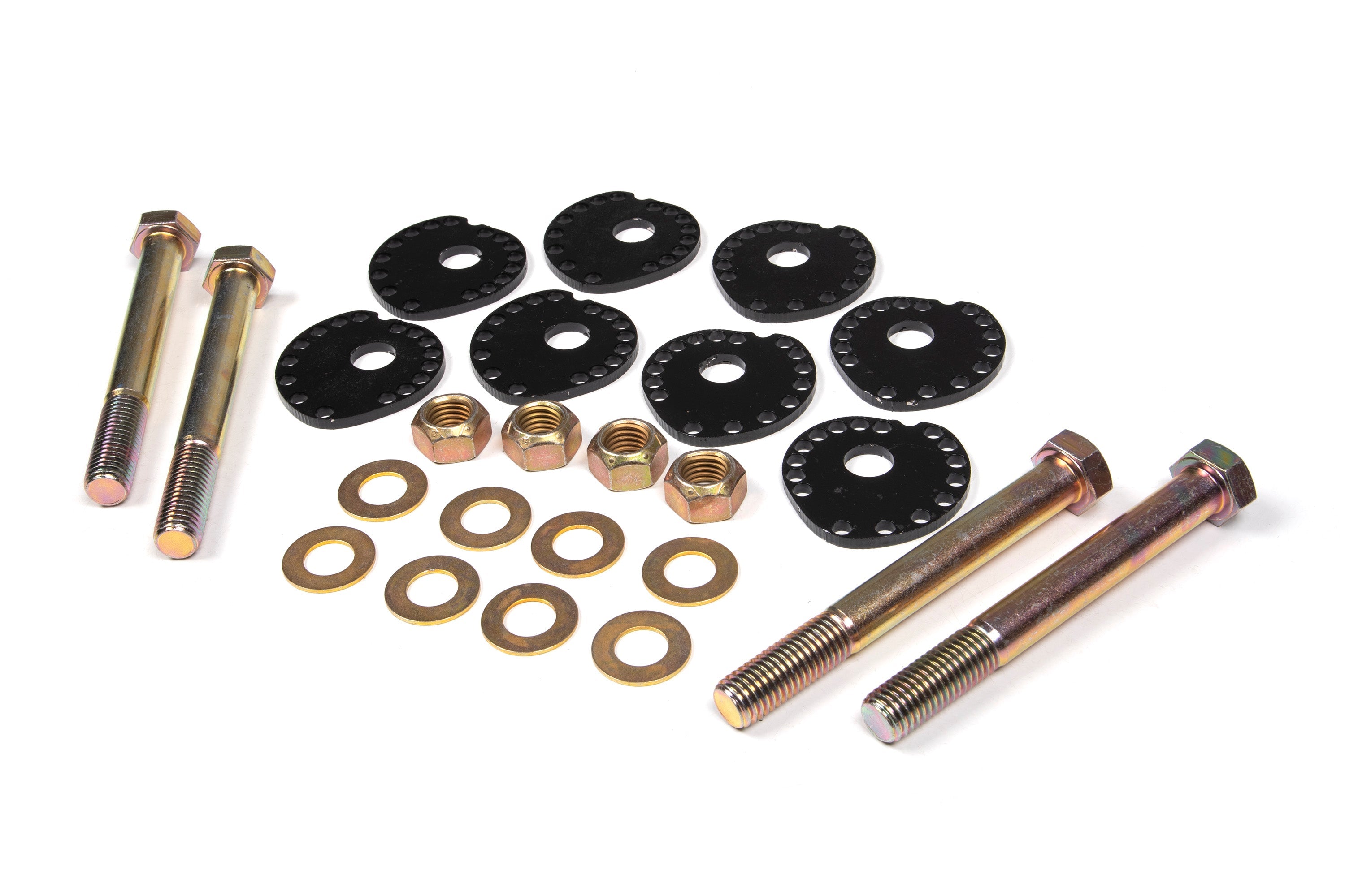 Alignment Cam Lockout Plates for Ford Bronco (21-25) with bolts, washers, and nuts for enhanced suspension stability.
