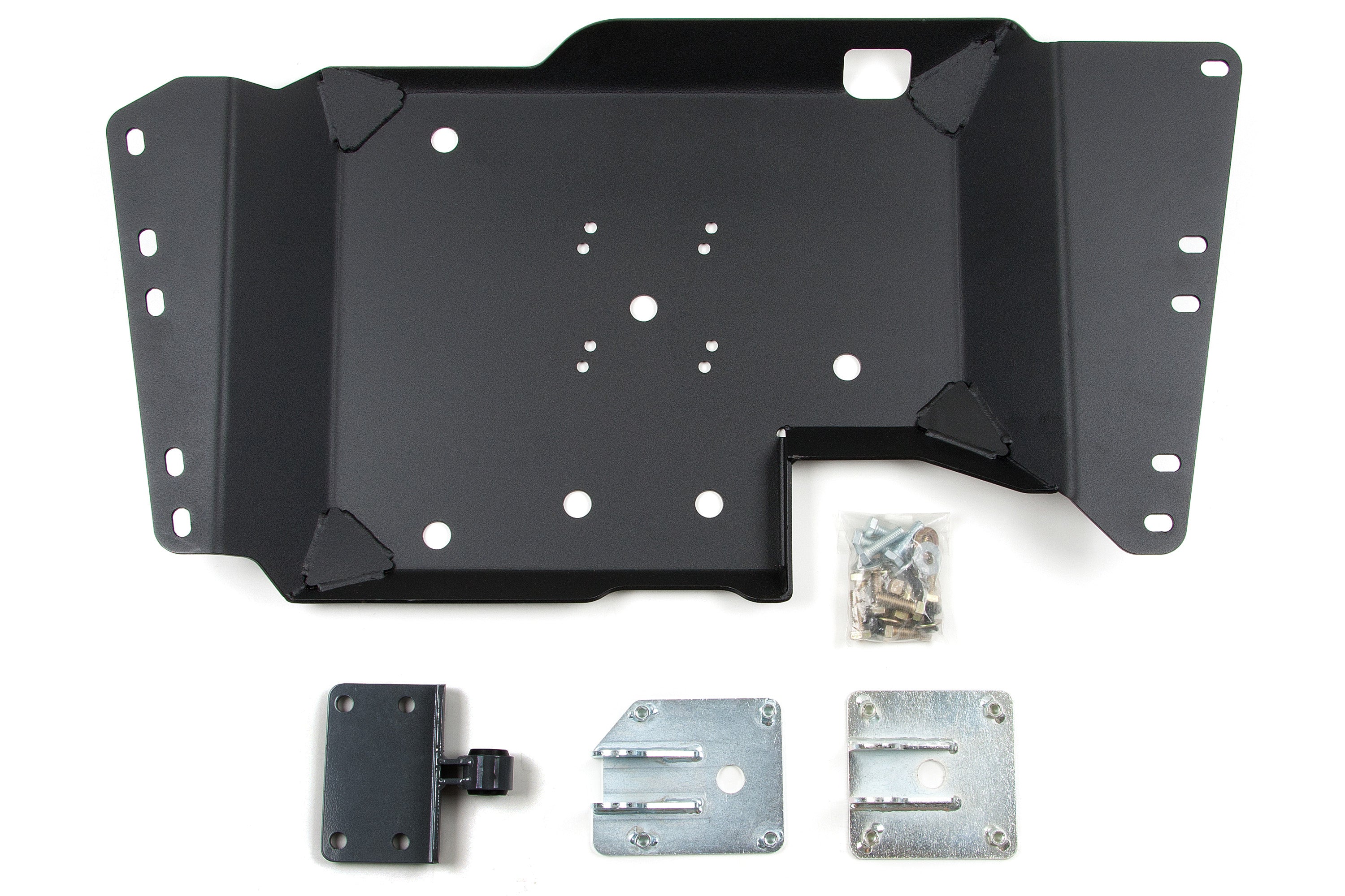 Belly pan skid plate for Jeep Wrangler TJ 1997-2006, includes mounting hardware for undercarriage protection.