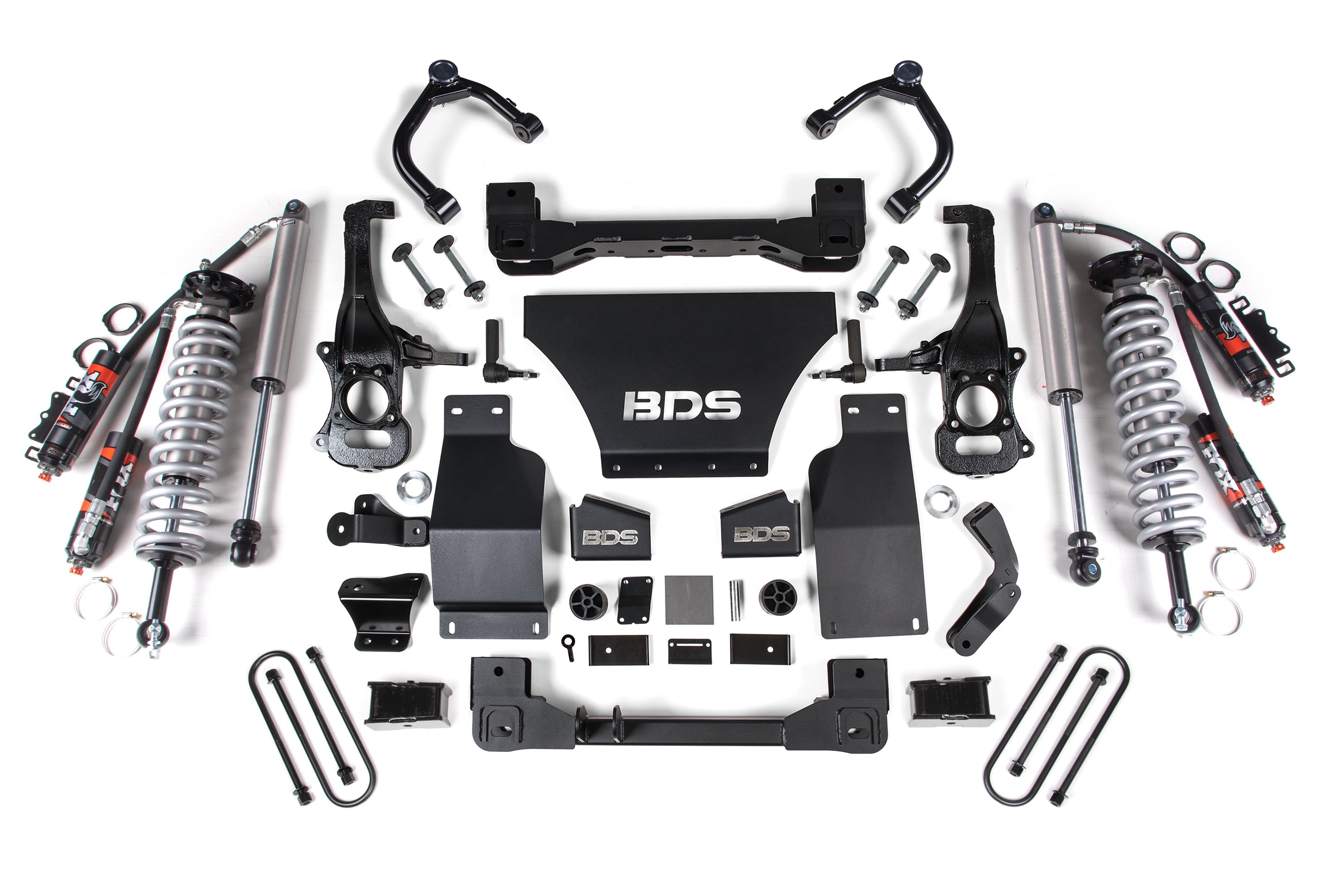 4-inch lift kit components for 2025 Chevy Silverado or GMC Sierra 1500, including FOX 2.5 coil-over shocks and hardware.