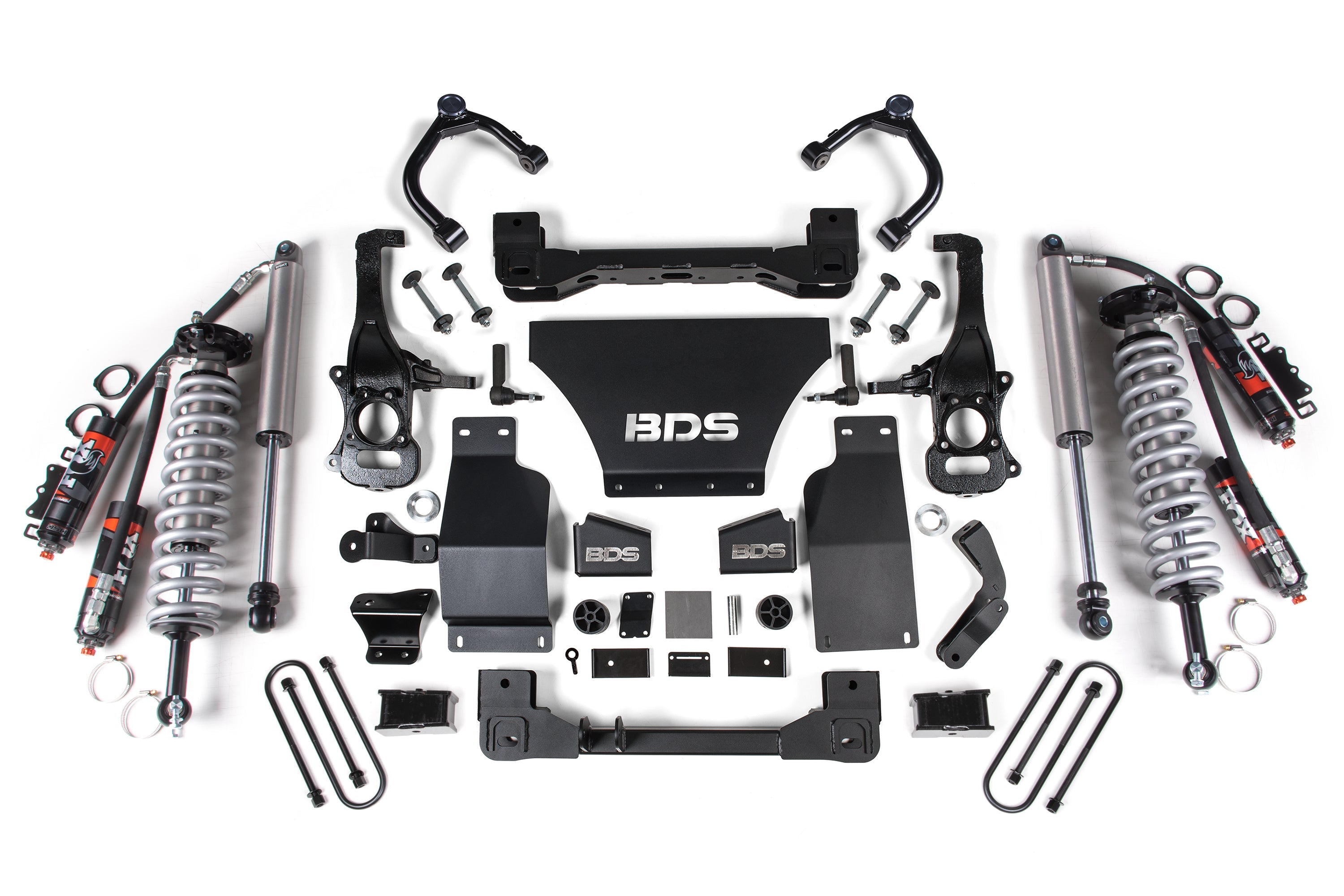 2.5 inch lift kit components for 2025 Chevy Trail Boss or GMC AT4 1500, featuring FOX 2.5 Performance Elite coil-overs.