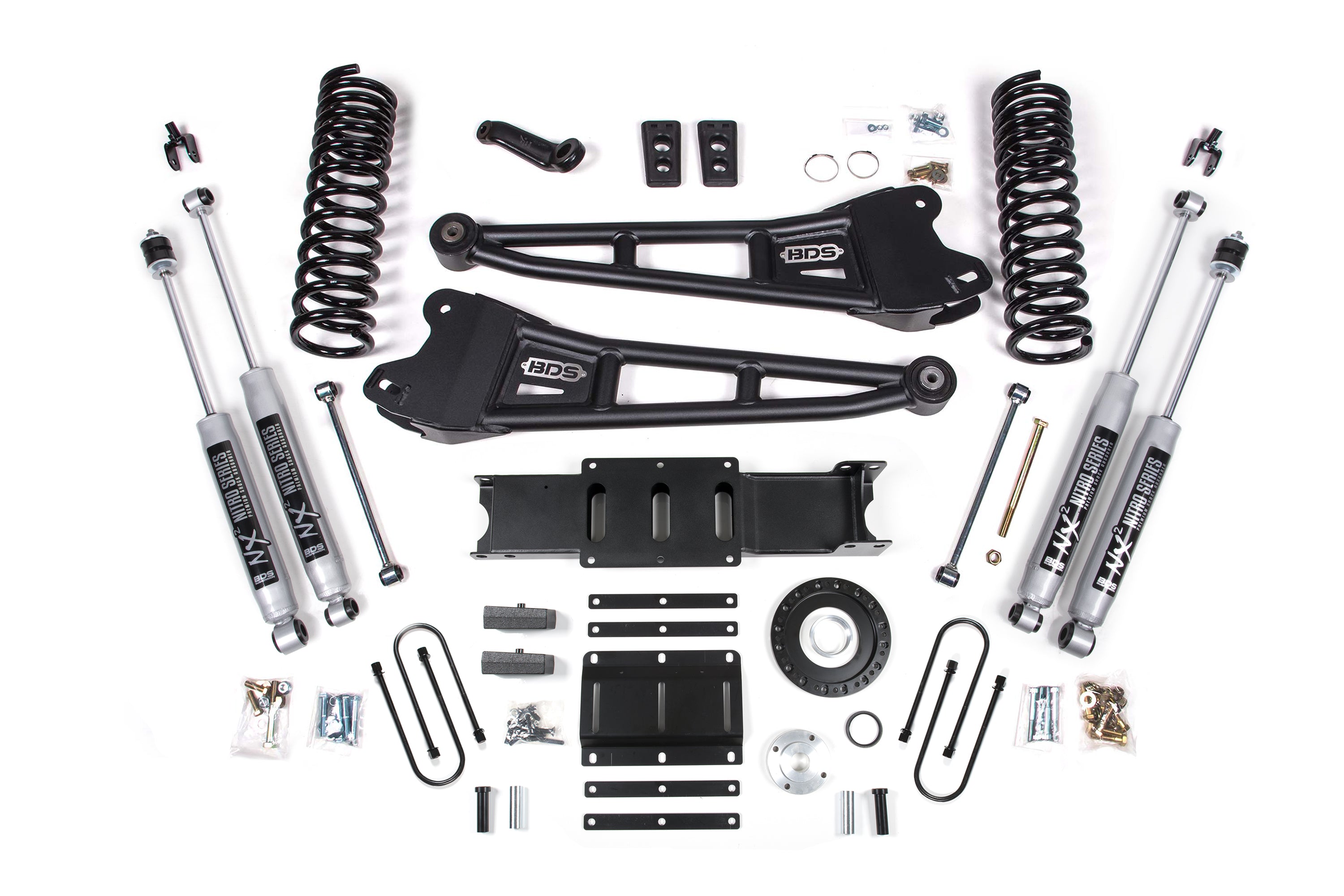 6-inch lift kit with radius arms for Ram 3500 (2013-2018) 4WD diesel, including shocks, springs, and installation hardware.