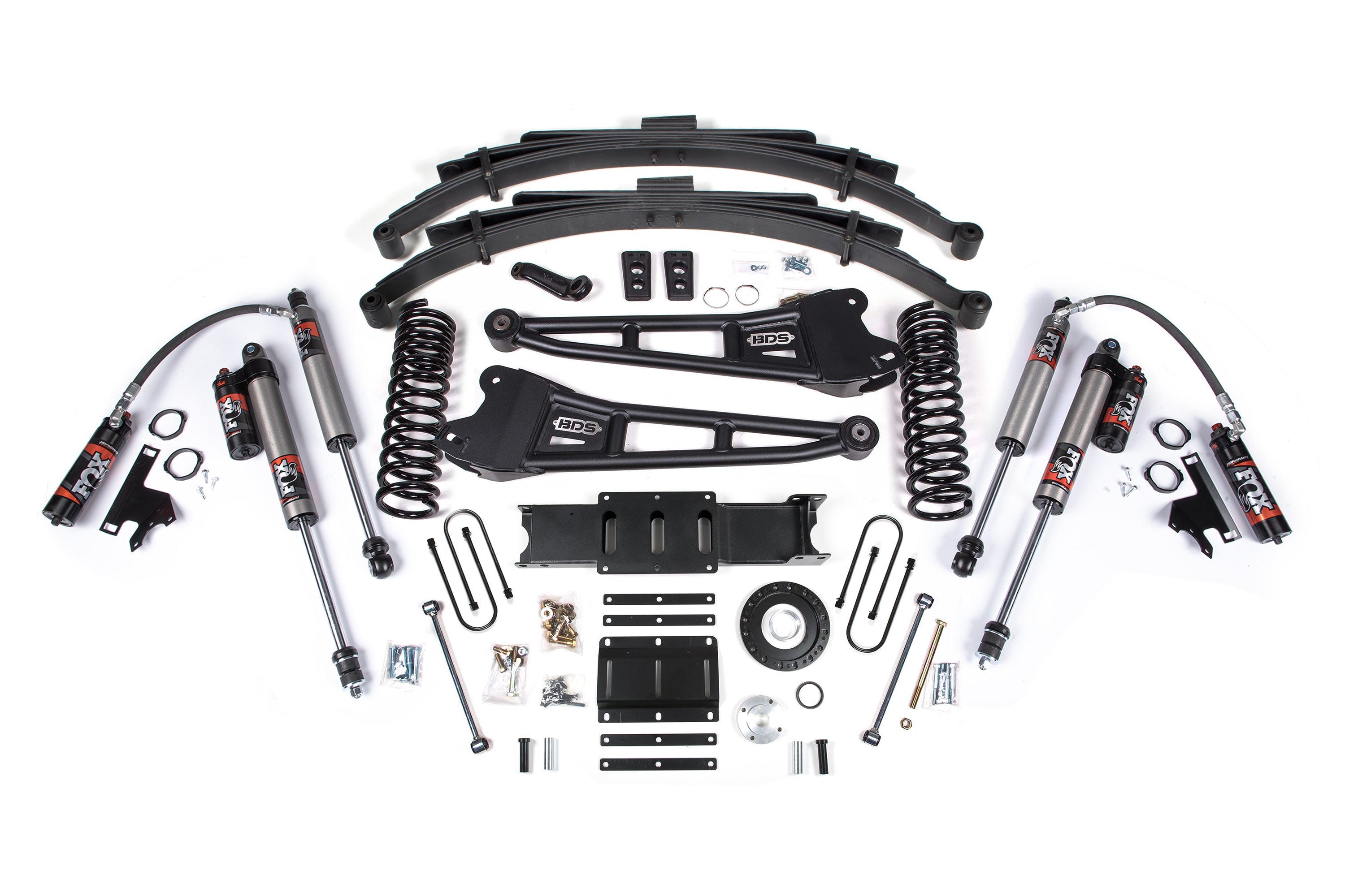 6-inch lift kit with radius arms for 2013-2018 Ram 3500 4WD diesel, including shocks, springs, and installation hardware.