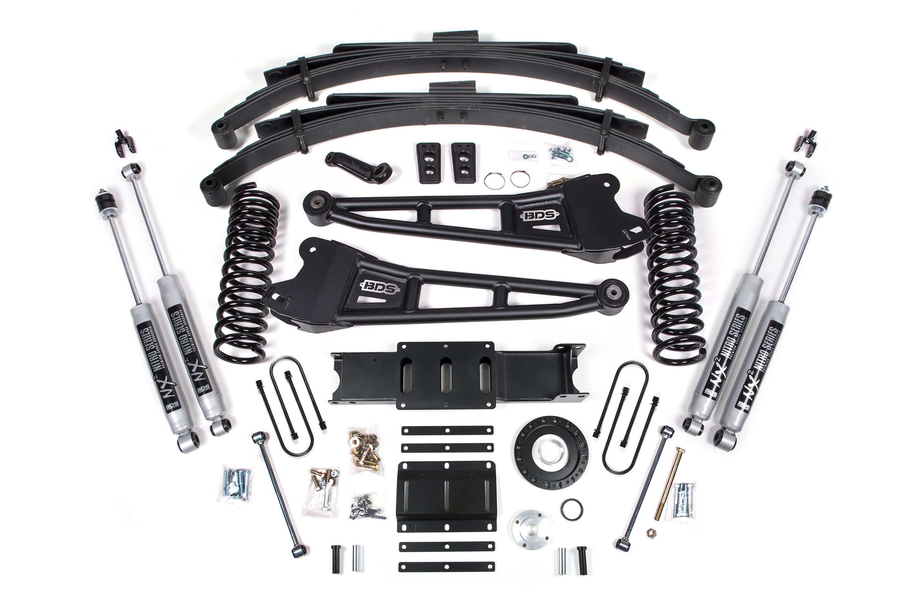 6-inch lift kit with radius arms for 2013-2018 Ram 3500 4WD diesel, including springs, shocks, and installation hardware.