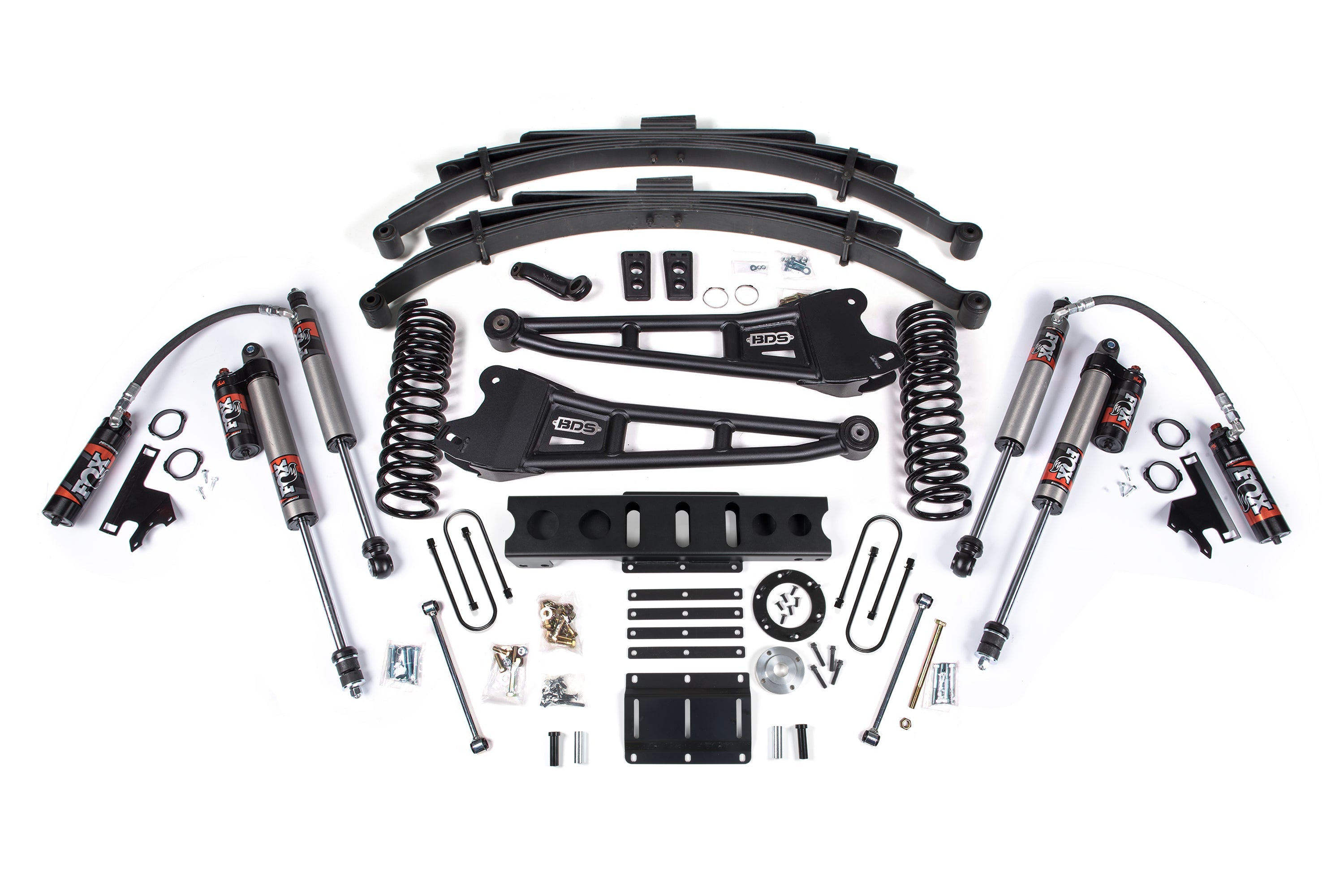 6-inch lift kit with radius arms for 2013-2018 Ram 3500 4WD diesel, includes shocks, springs, and installation hardware.