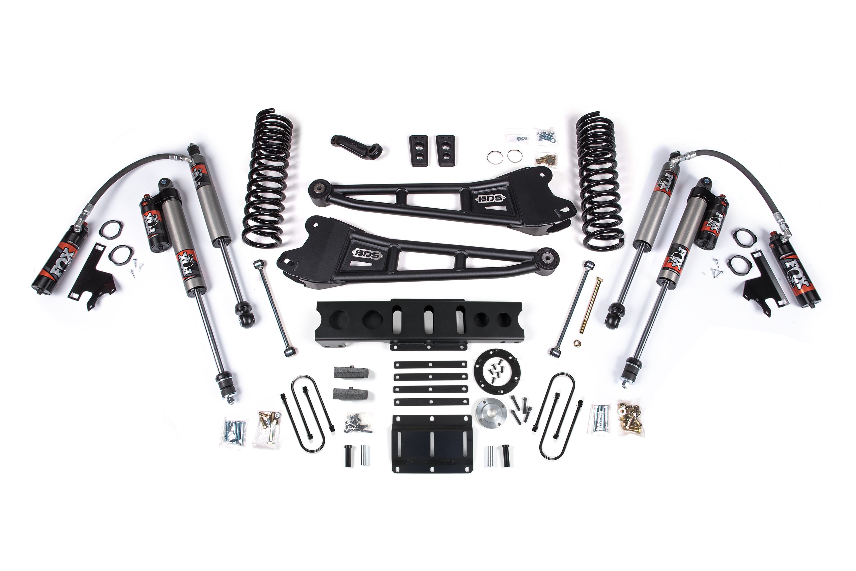 6-inch lift kit with radius arms for 2013-2018 Ram 3500 4WD diesel, including shocks, springs, and installation hardware.