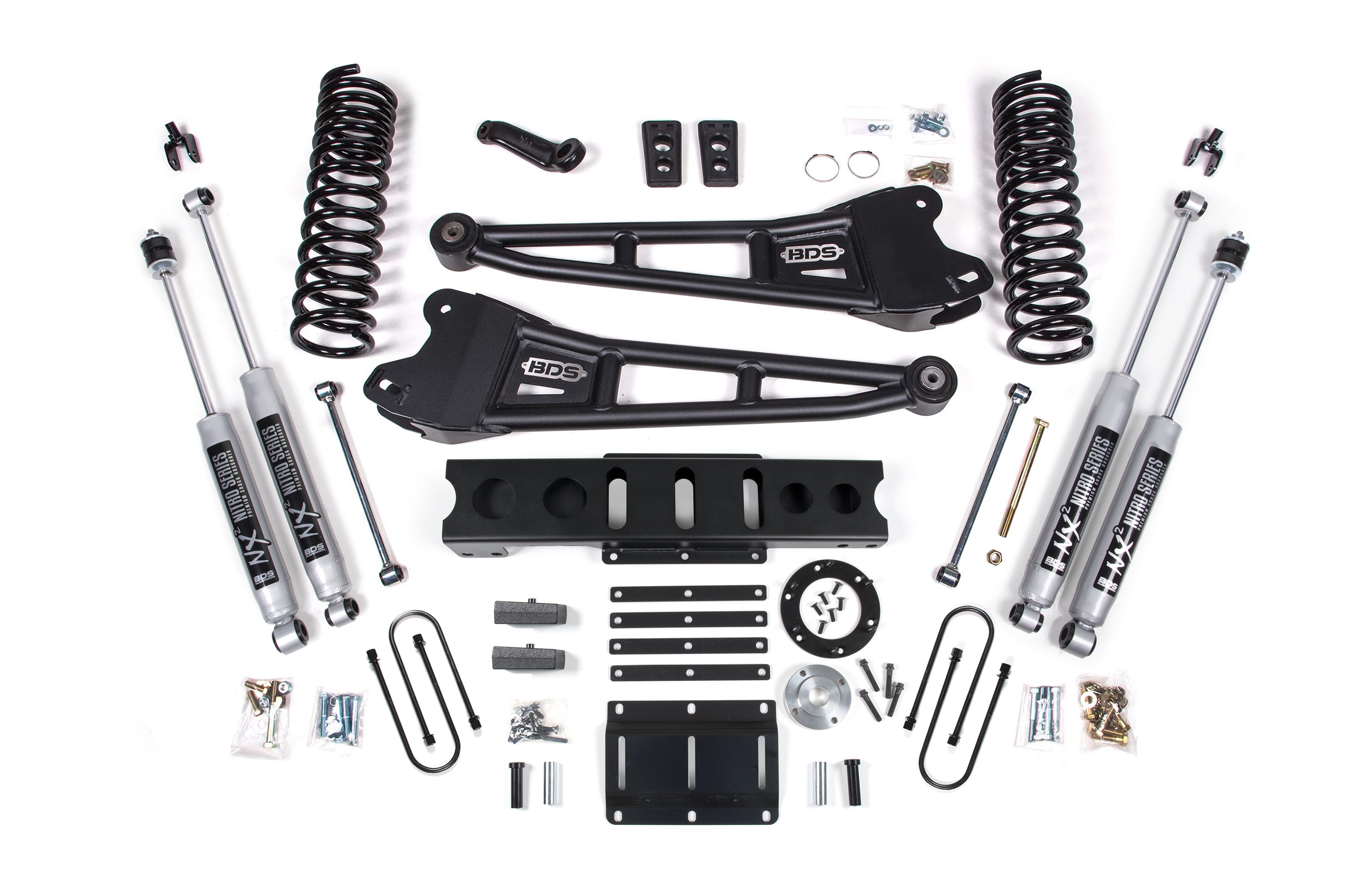 6-inch lift kit with radius arms for 2013-2018 Ram 3500 4WD diesel, featuring shocks, springs, and installation hardware.