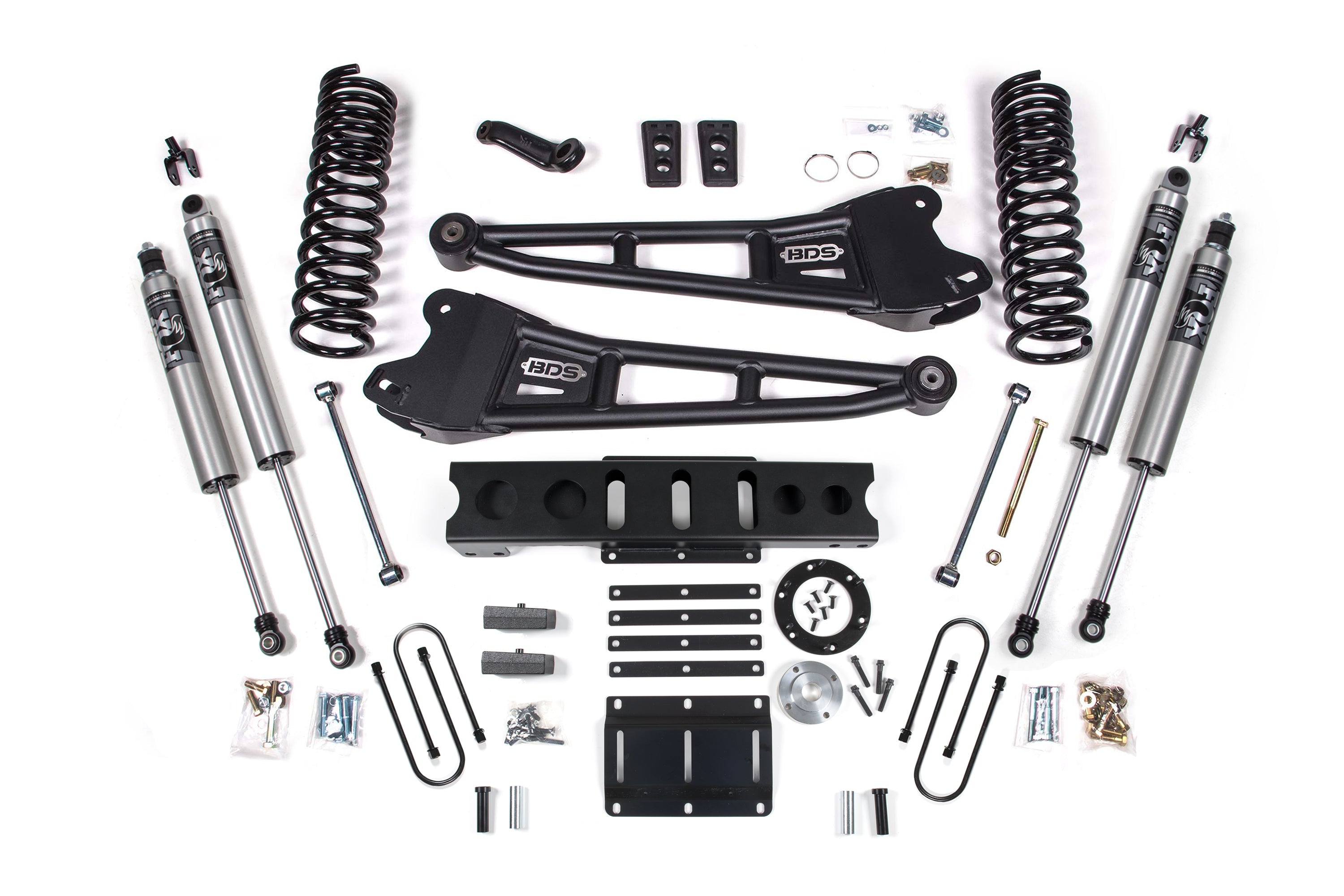 6-inch lift kit with radius arms for Ram 3500 (2013-2018) 4WD diesel, including shocks, springs, and installation hardware.