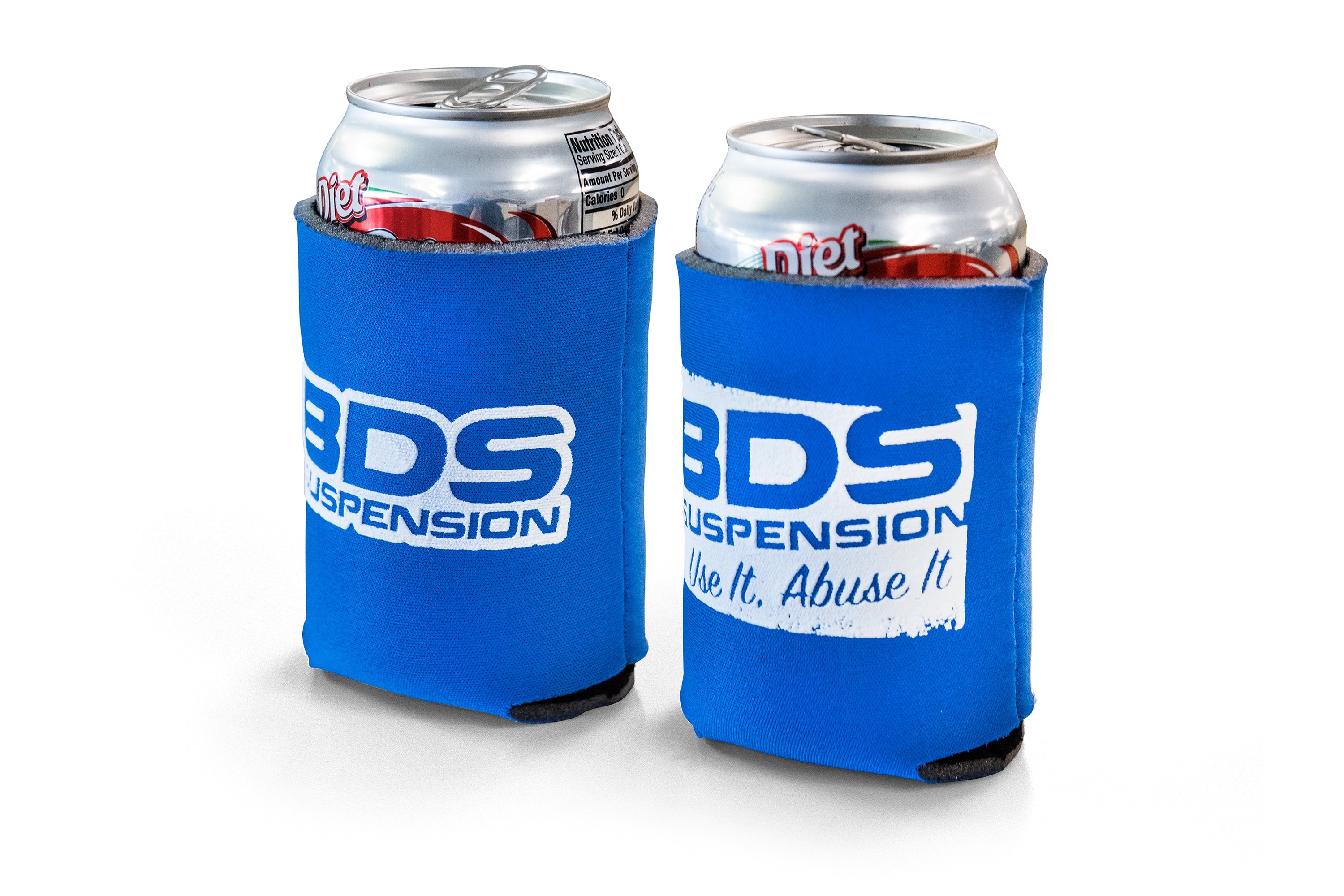 Blue BDS drink koozies designed to keep cans cold, featuring the BDS Suspension logo prominently displayed.