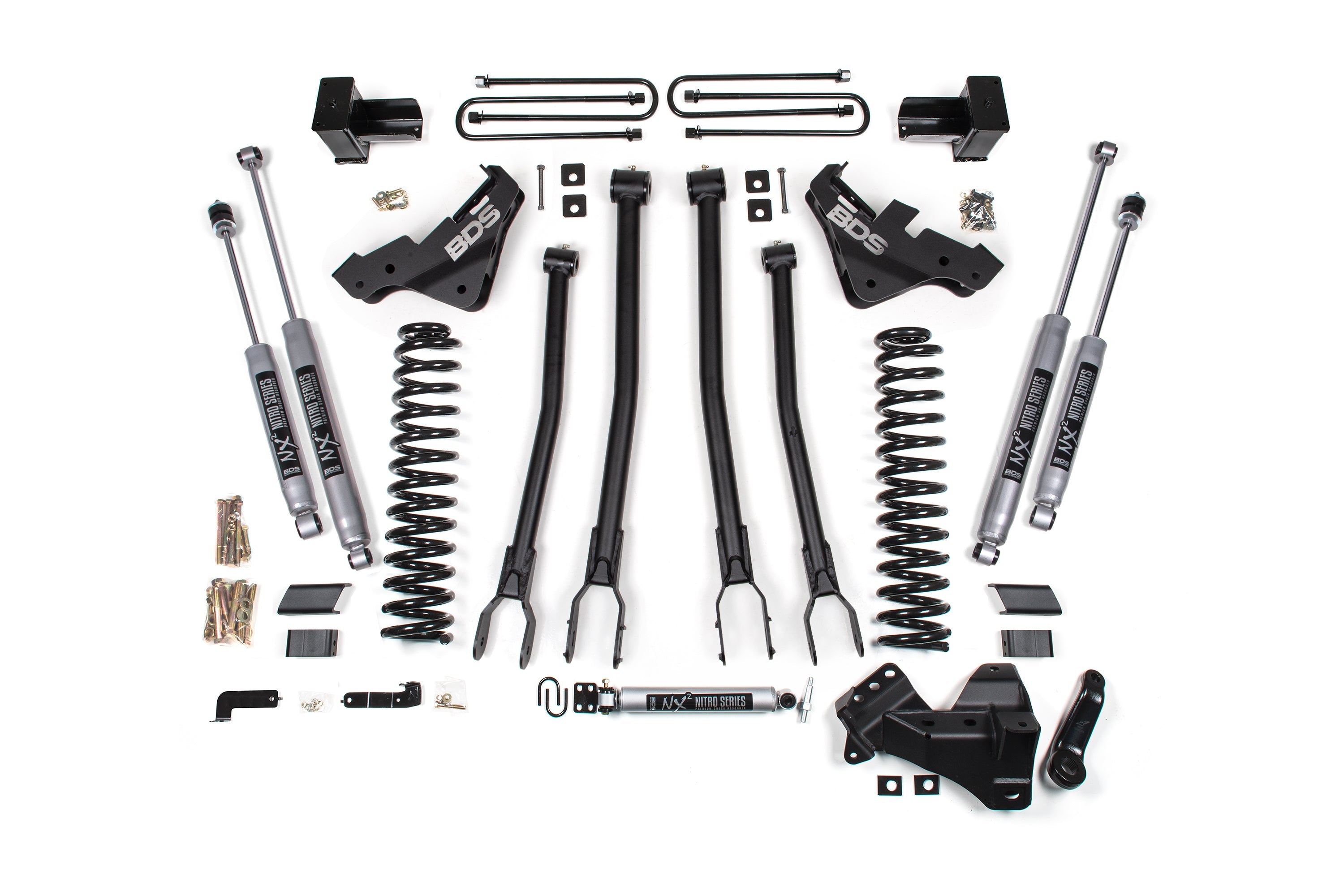 5-inch lift kit with 4-link components for Ford F350 Super Duty DRW (2023-2025) 4WD, including shocks and springs.
