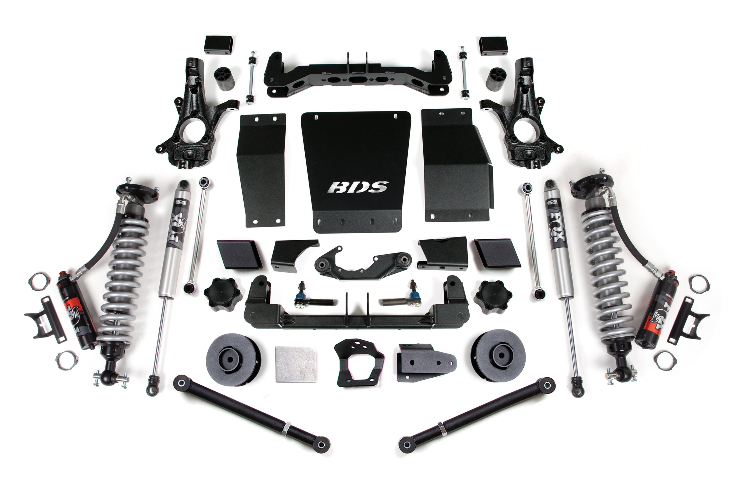 4-inch lift kit components for Chevy/GMC Suburban, Tahoe, Yukon/XL 1500 (2015-2019) 4WD, featuring FOX 2.5 coil-over shocks.