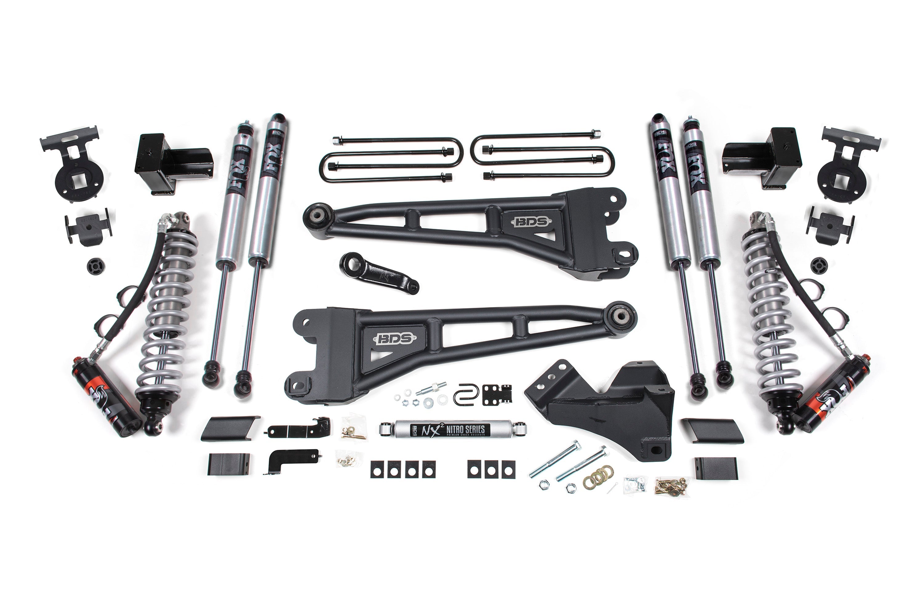 5-inch lift kit with radius arms and FOX 2.5 performance elite coil-over conversion for Ford F250/F350 Super Duty 4WD diesel.