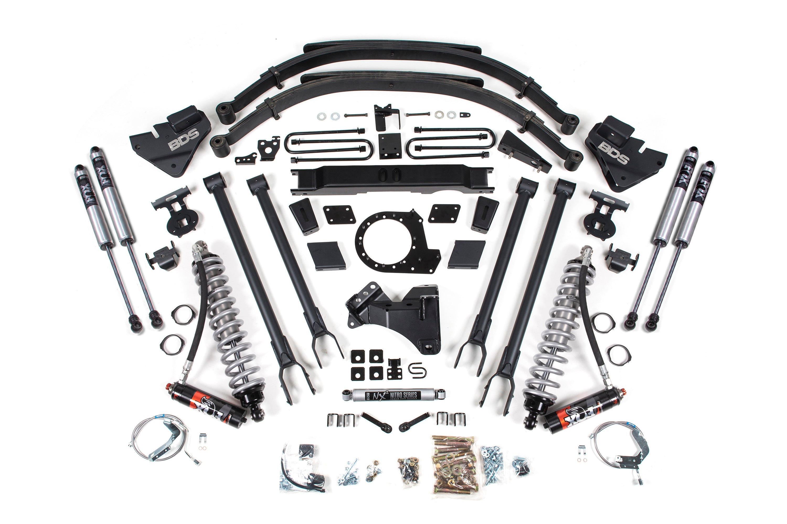 9 inch lift kit with 4-link and FOX 2.5 coil-over conversion for Ford F250/F350 Super Duty 4WD diesel, including all components.