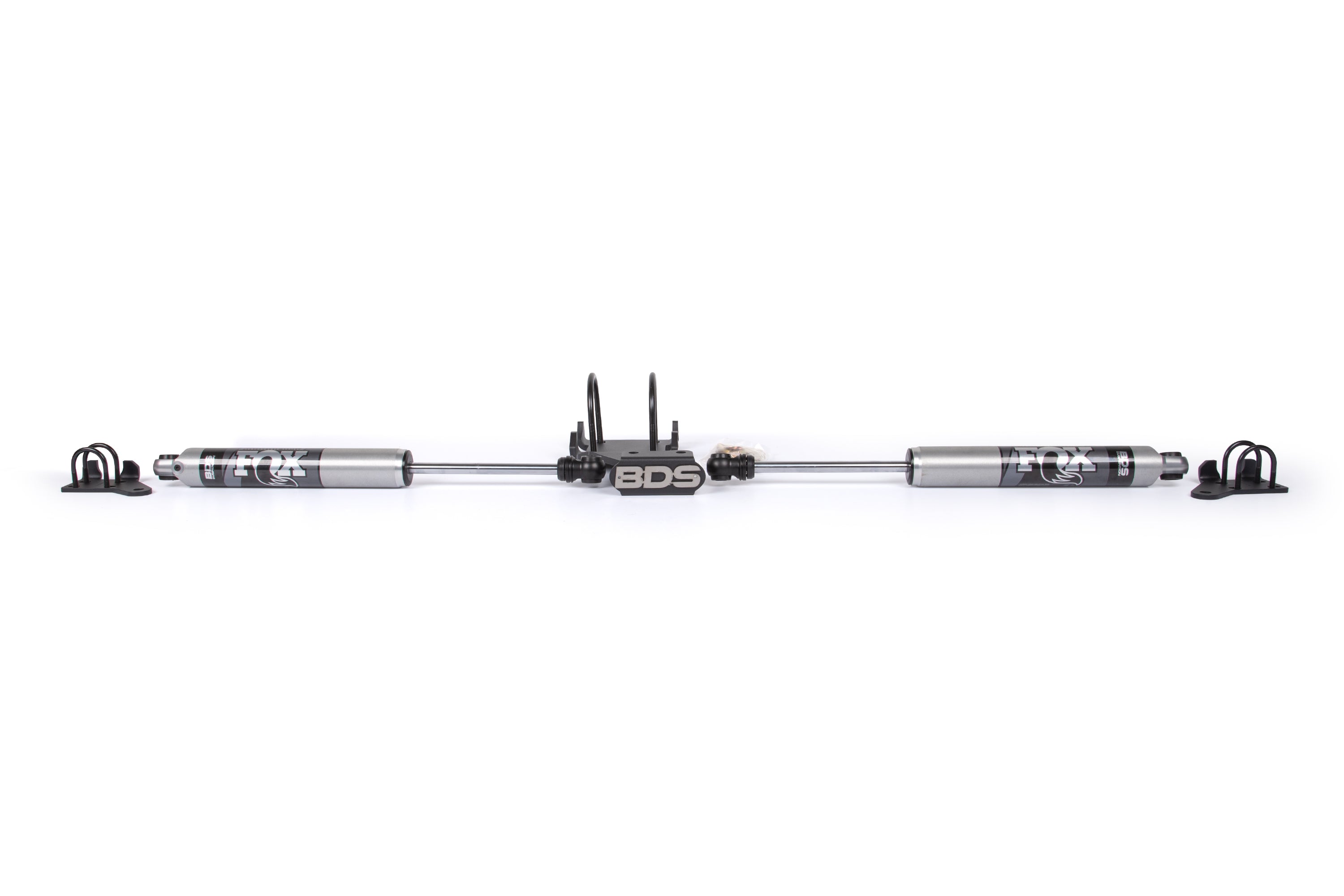 BDS Suspension dual steering stabilizer kit with FOX 2.0 performance shocks for Ford F250/F350 Super Duty trucks.