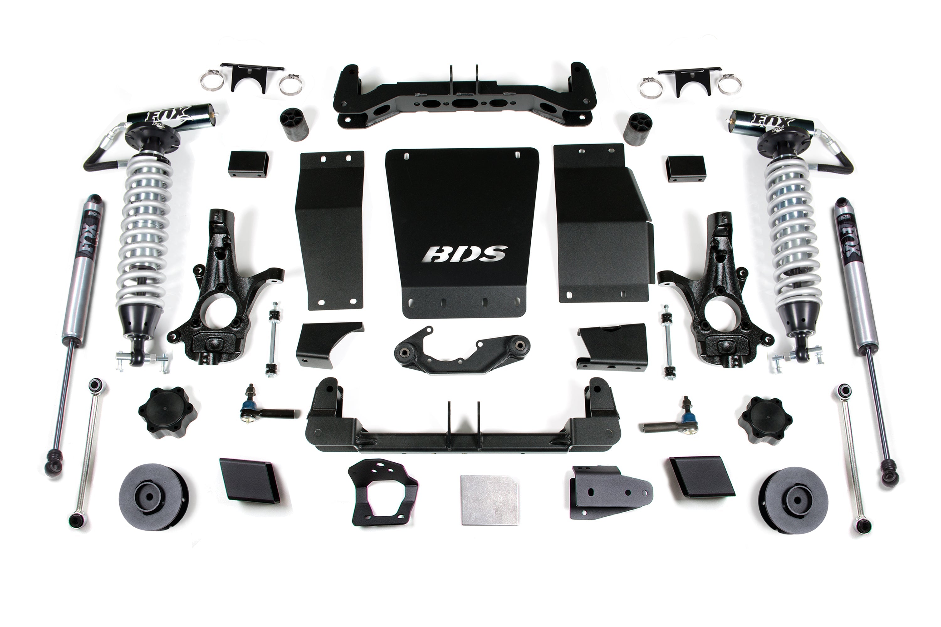 4-inch lift kit components for 2015-2019 Chevy/GMC Suburban, Tahoe, Yukon/XL 1500 4WD featuring FOX 2.5 coil-overs.