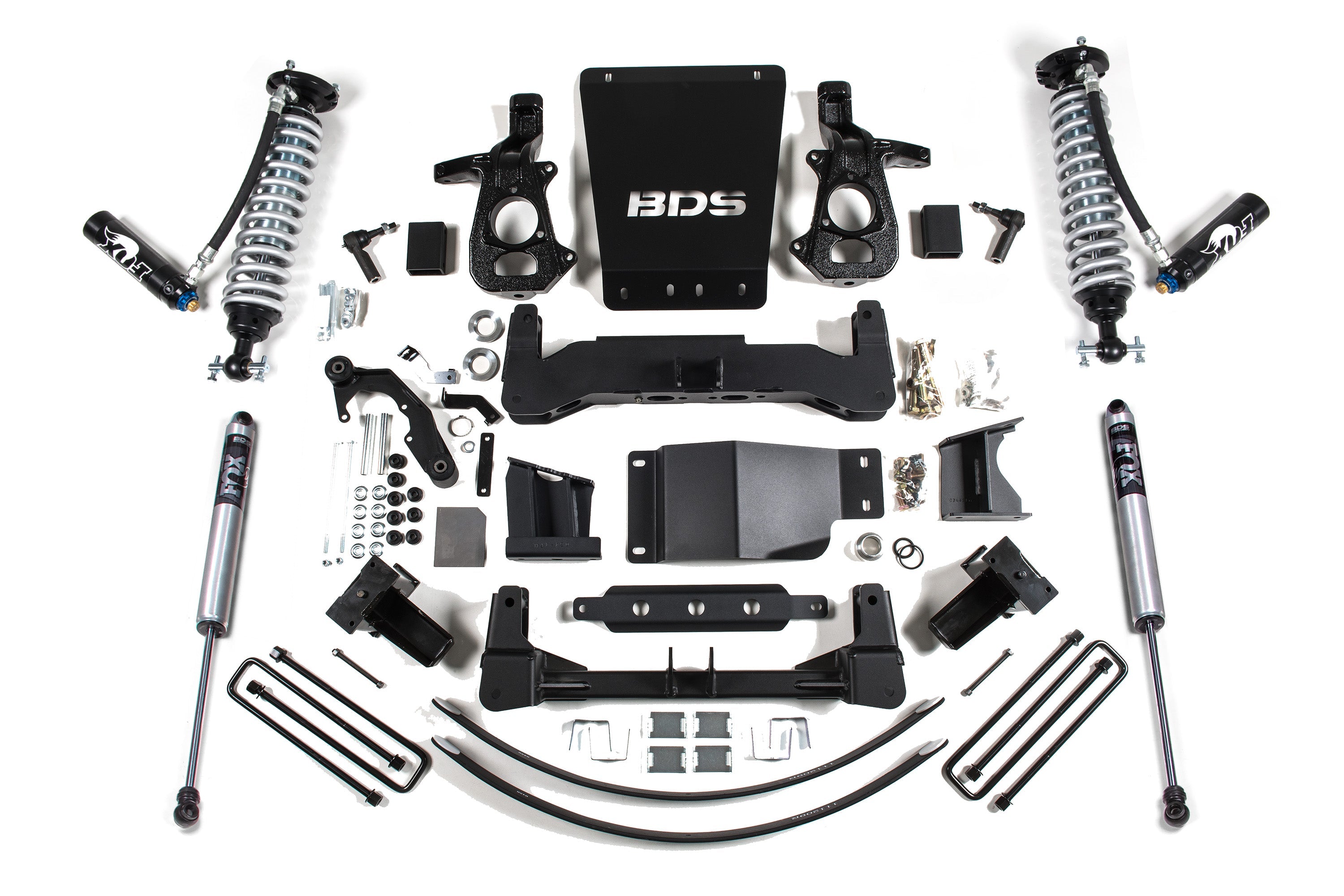 8-inch lift kit components for Chevy Silverado or GMC Sierra 1500, featuring FOX 2.5 coil-over shocks and installation hardware.