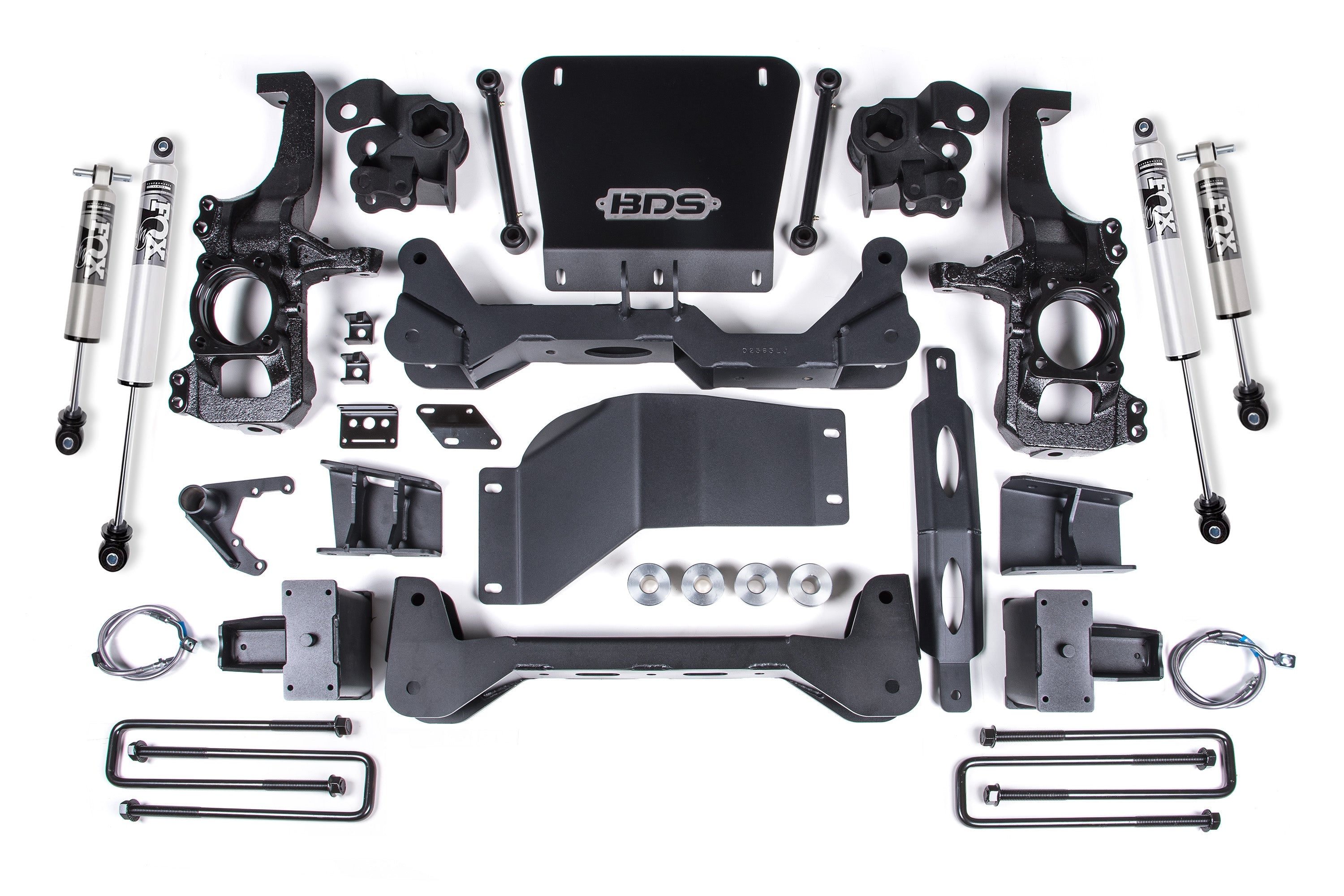 6.5 inch lift kit components for Chevy Silverado and GMC Sierra 2500HD/3500HD, featuring FOX 2.5 HTO performance shocks.