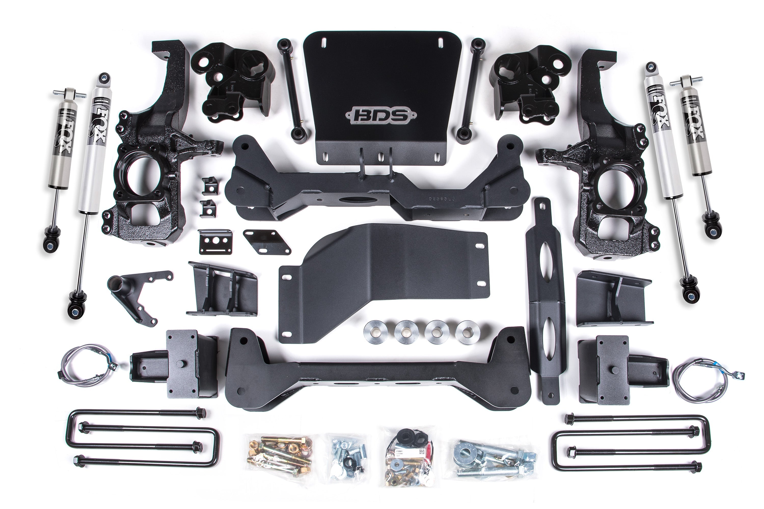 5-inch lift kit components for 2020-2025 Chevy Silverado or GMC Sierra 2500HD/3500HD, including FOX shocks and hardware.
