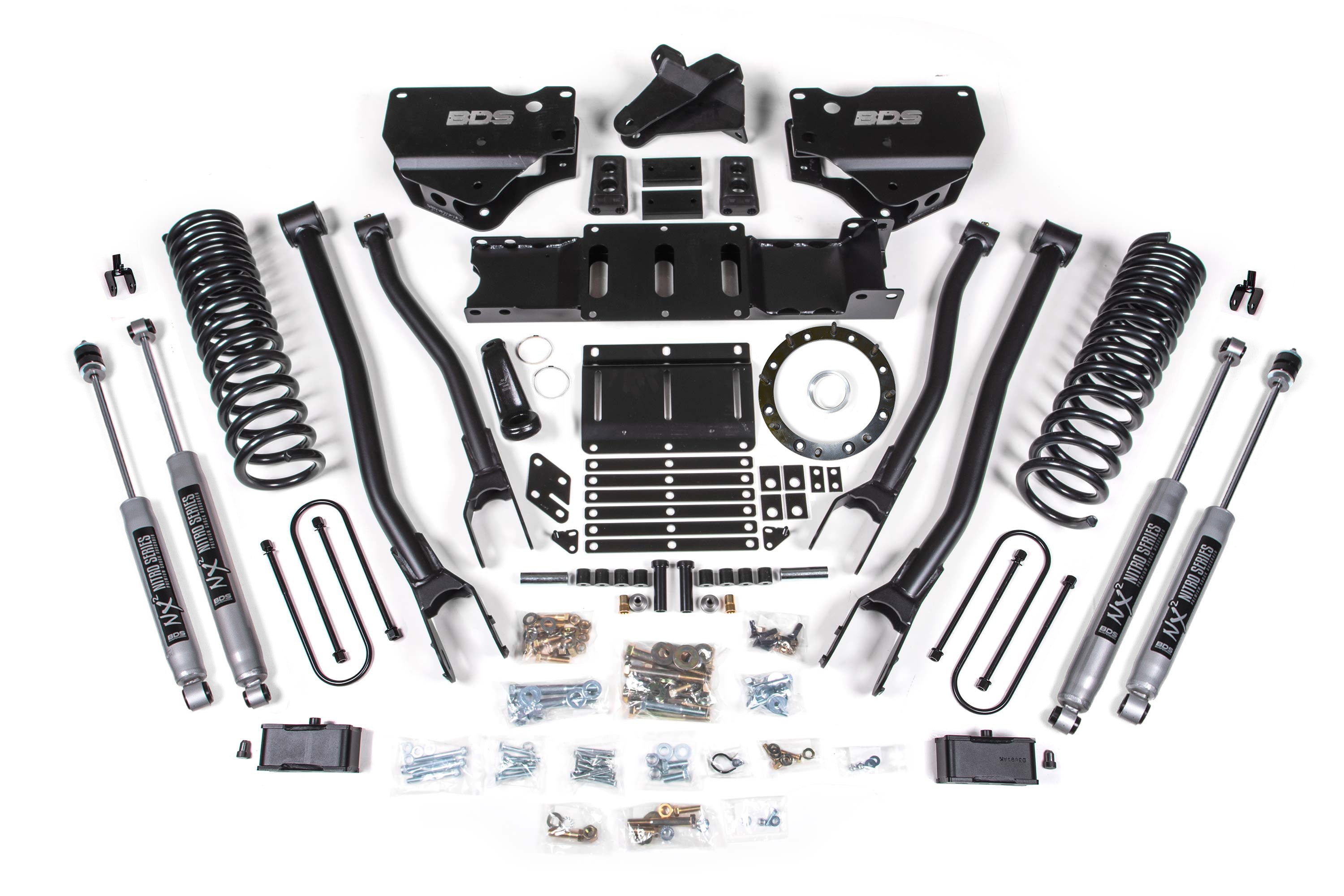 4-inch lift kit with 4-link components for 2019-2024 Ram 3500 4WD diesel trucks, including springs and shocks.