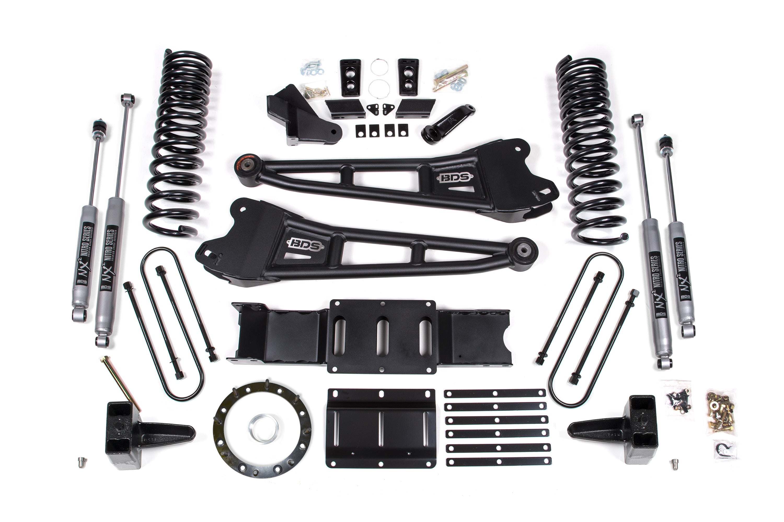 6-inch lift kit components for 2019-2024 Ram 3500 4WD diesel, including radius arms, shocks, springs, and installation hardware.