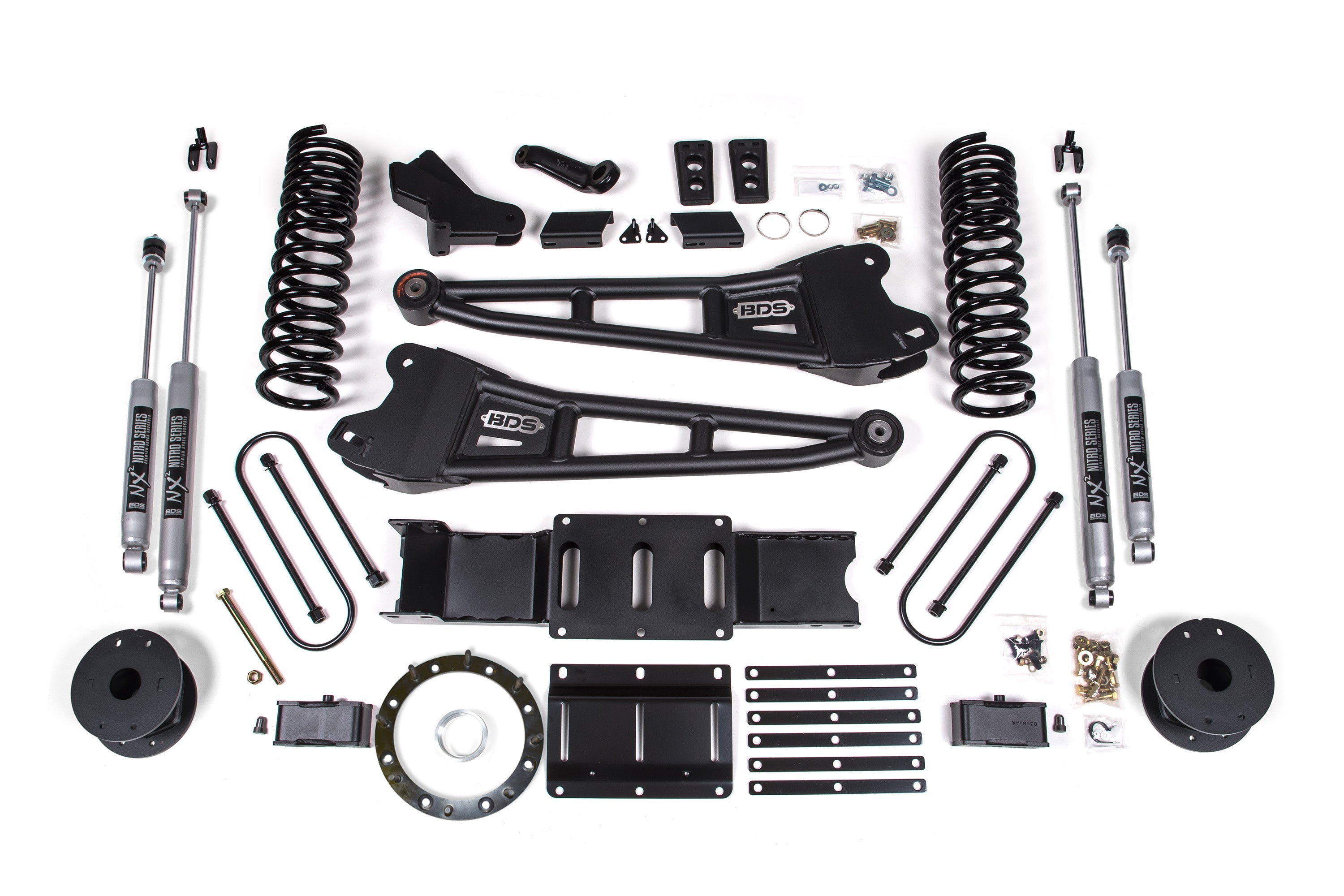 4-inch lift kit with radius arms for 2019-2023 Ram 3500 4WD gas trucks, including shocks, springs, and installation hardware.