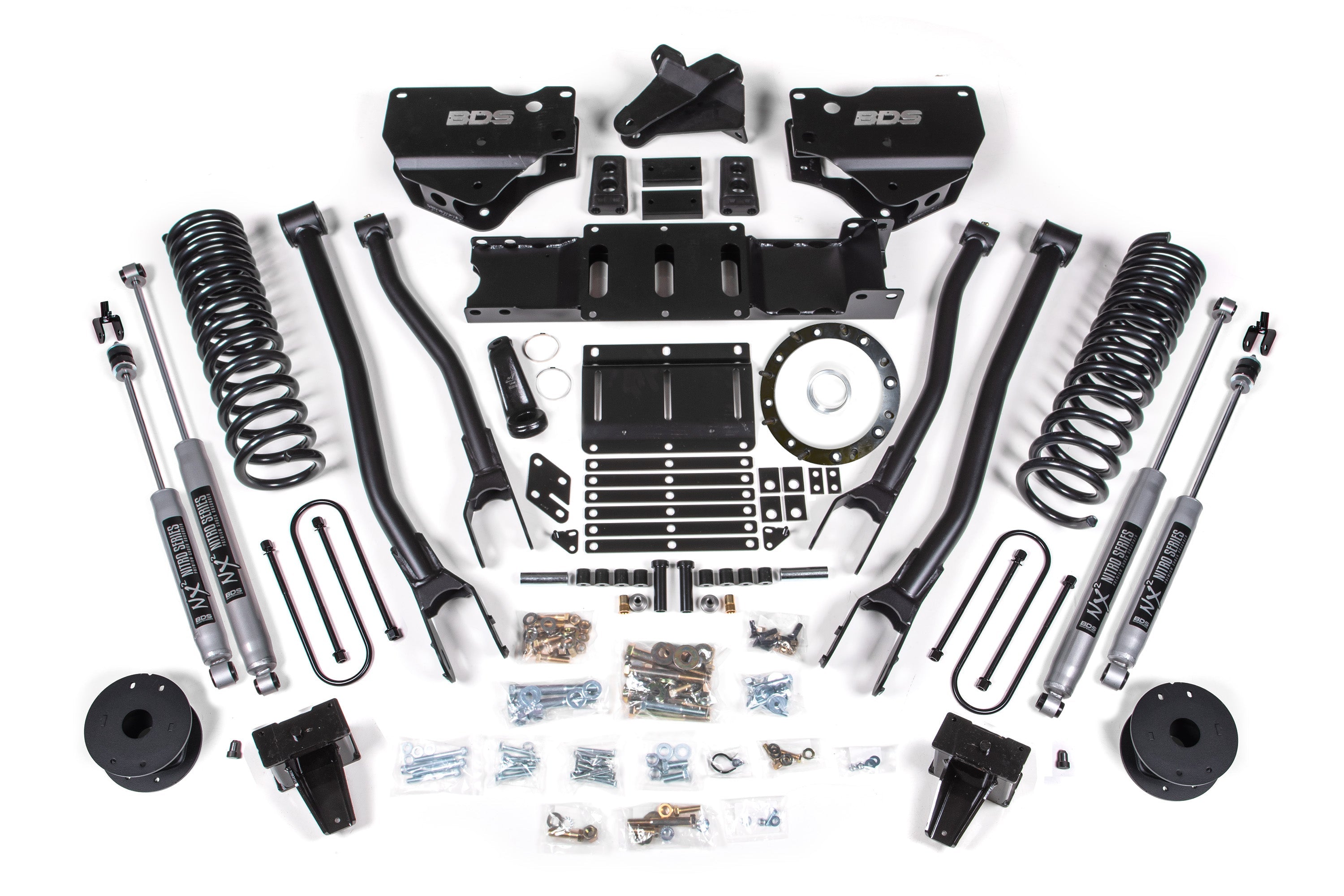 5.5 inch lift kit with 4-link components for 2019-2024 Ram 3500 4WD with rear air ride, including springs and hardware.