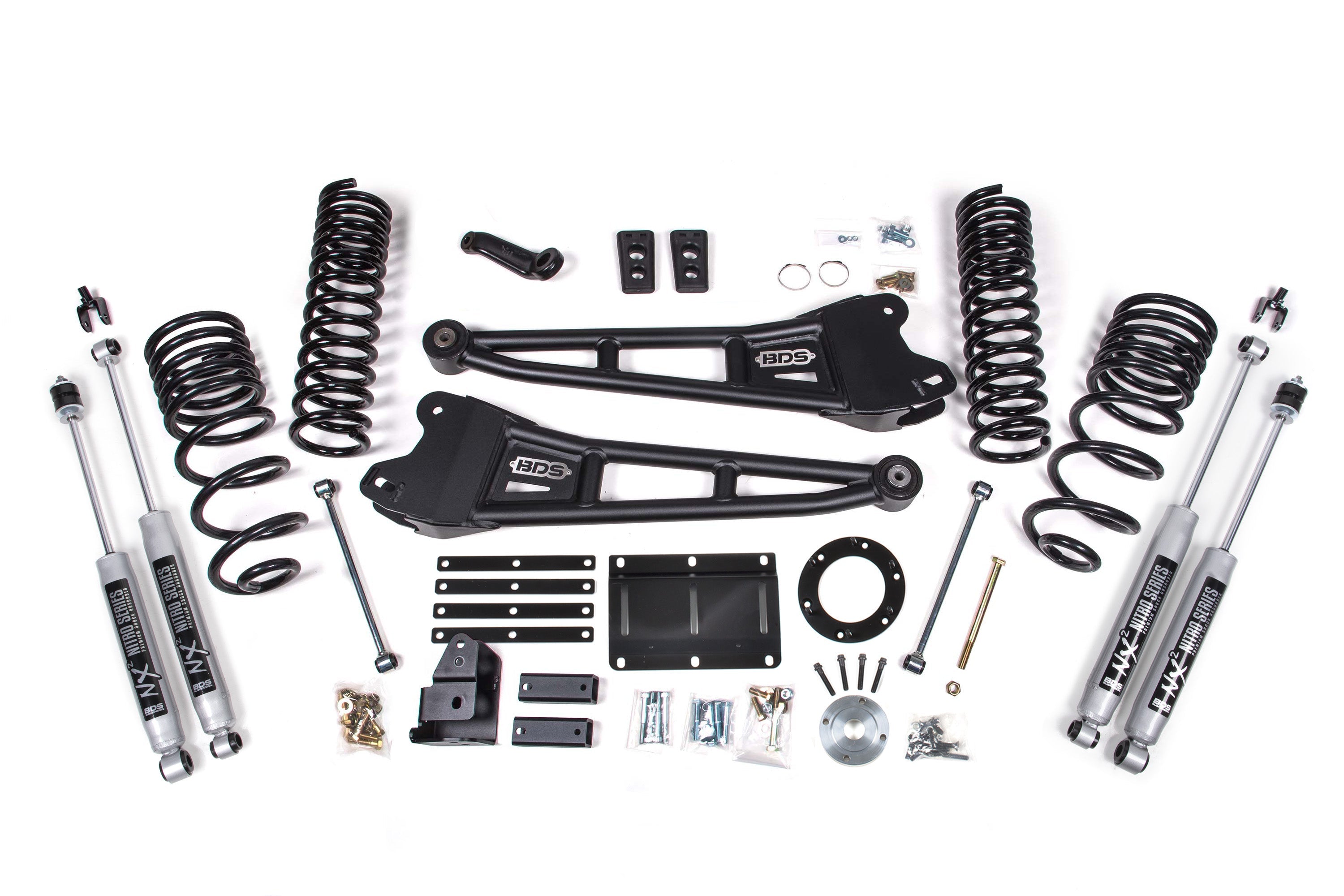 6 inch lift kit with radius arms for 2014-2018 Ram 2500 4WD diesel, including springs, shocks, and installation hardware.