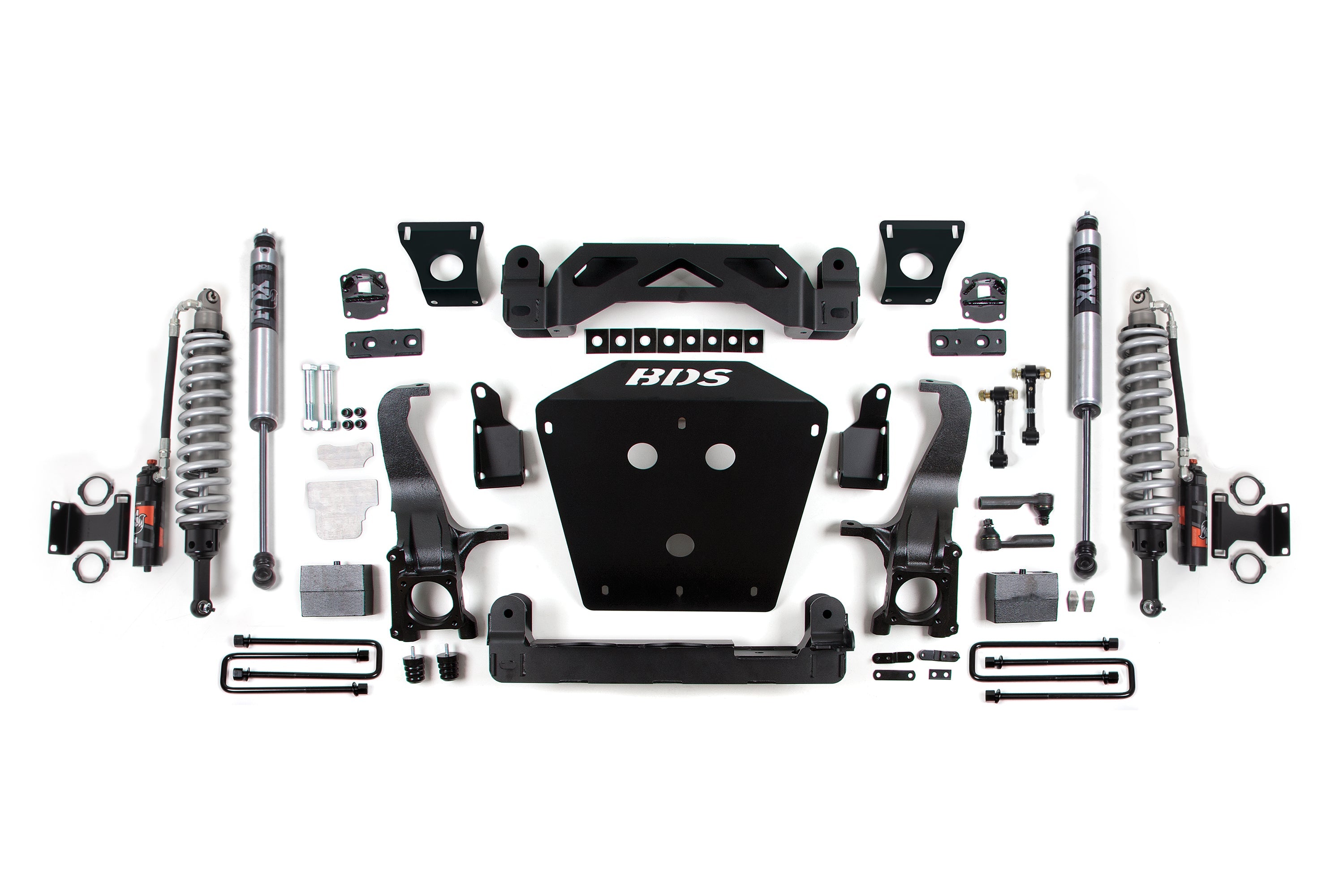 BDS 5-inch lift kit components for Toyota Tundra 2016-2021, including FOX coilovers and rear shocks, installation hardware included.