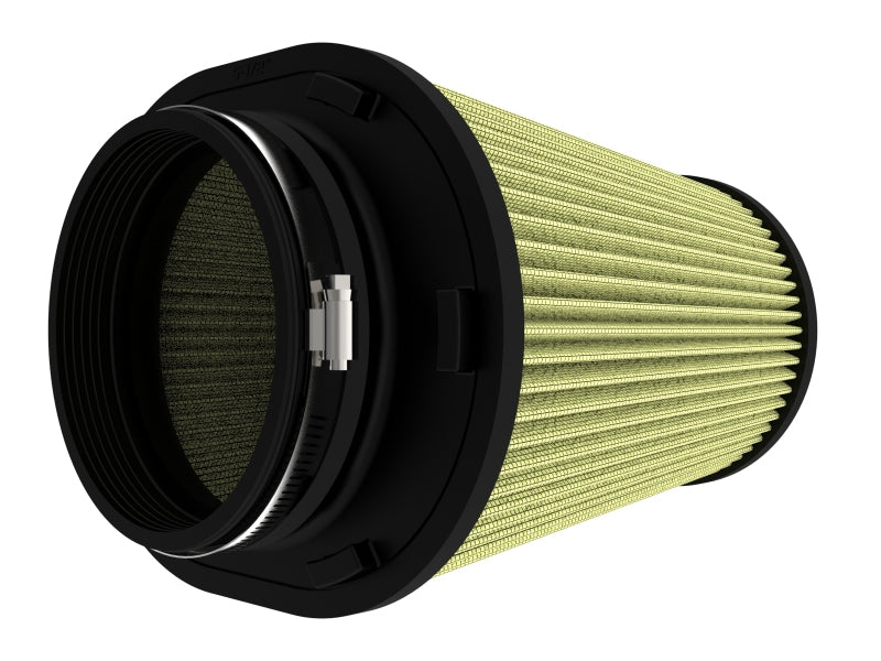 afe Magnum FORCE replacement air filter featuring a cylindrical design with a black base and yellow filter media, measuring 5.5 inches in diameter and 9 inches in height.