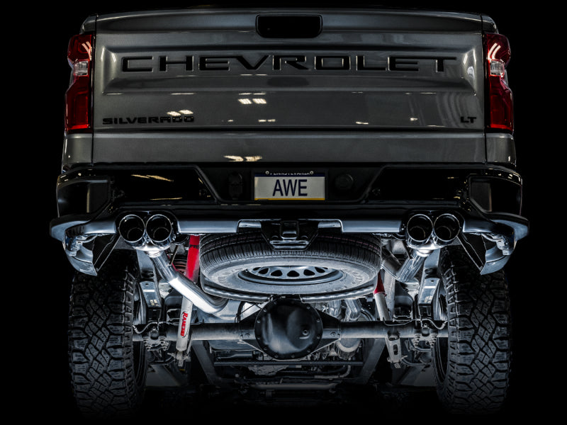 AWE Tuning 4th Gen GM 1500 6.2L 0FG Cat-Back Split Rear Exit (w/ Bumper Cutouts) - Quad Chrome Tips