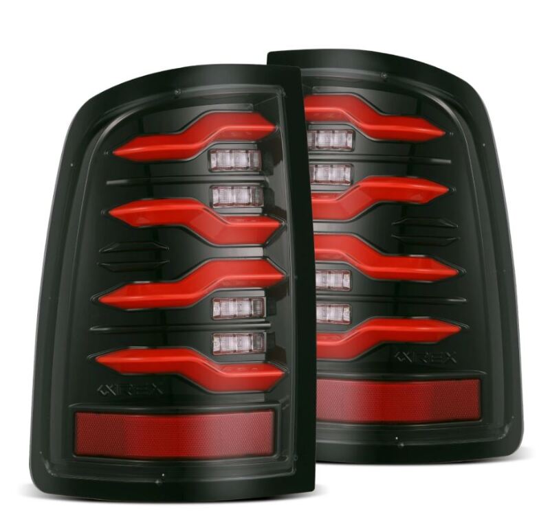 AlphaRex LUXX-Series LED taillights for 09-18 Dodge RAM in black and red with active lighting feature.