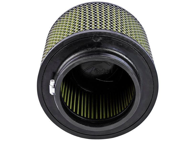 Afe Magnum FORCE replacement air filter featuring a cylindrical design with expanded metal and dimensions of 5.5 inches front, 9 inches back, 9 inches top, and 7 inches height.
