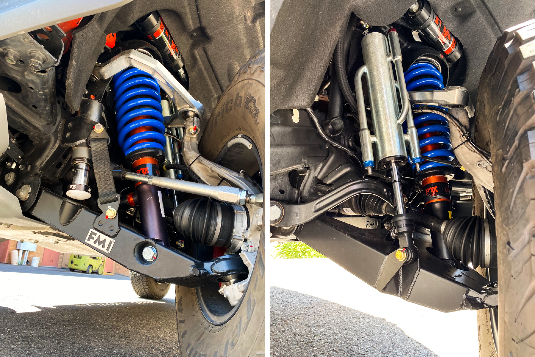 2022 Bronco Raptor mid travel front suspension kit showcasing blue coil springs, shock absorbers, and control arms.
