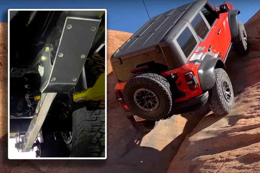 2022+ Bronco Raptor rear lower arm frame guard with HDPE slide, designed for off-road durability and protection.