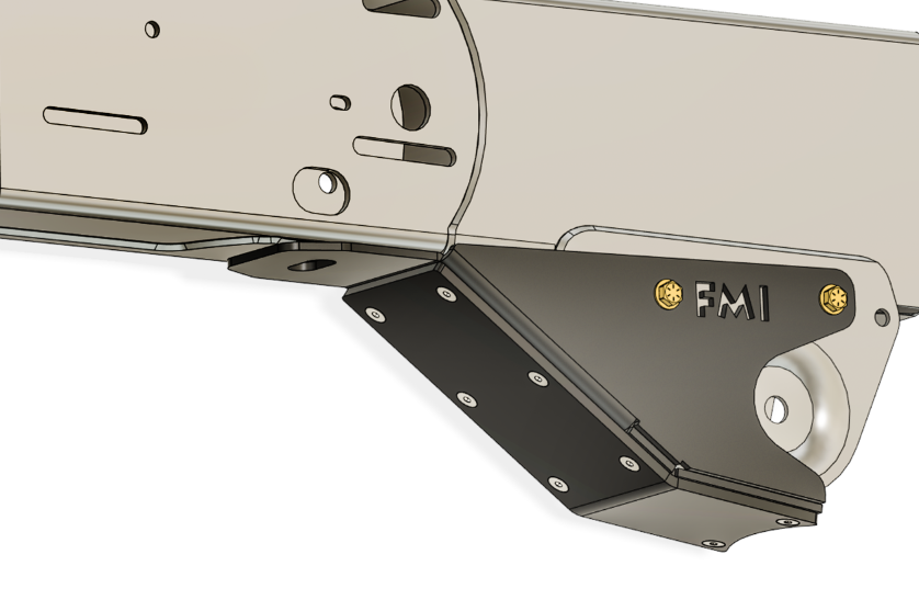 2022+ Bronco Raptor rear lower arm frame guard featuring HDPE slide for enhanced protection and durability.