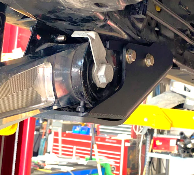 2022+ Bronco Raptor rear lower arm frame guard with HDPE slide, showcasing durable protection and enhanced off-road performance.