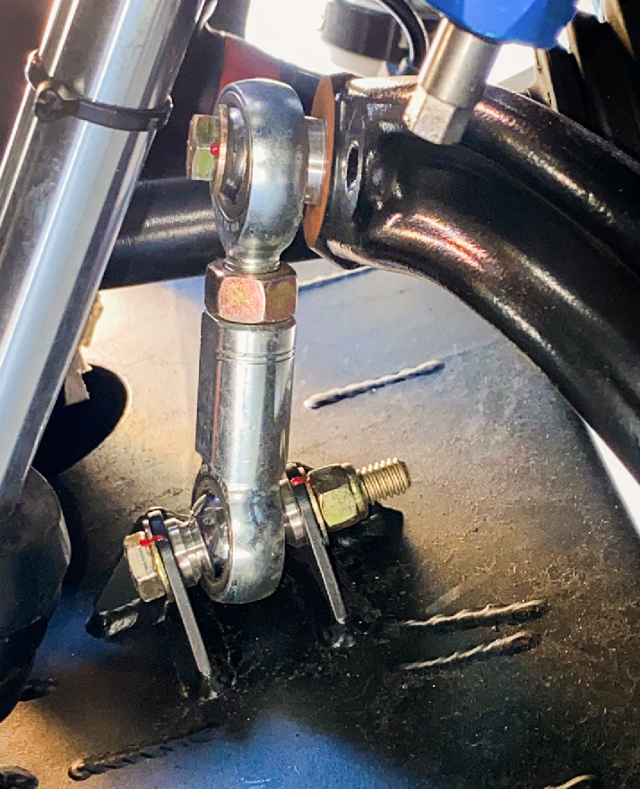 2022 Bronco Raptor sway bar link kit installed on a fabricated lower arm, showcasing durable metal components.