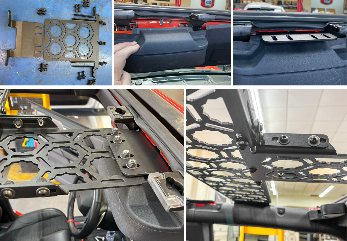 Bronco Raptor 2022 Inside Front Roof Mount installation images showcasing the Adapt-A-Panel short panel add-on components.