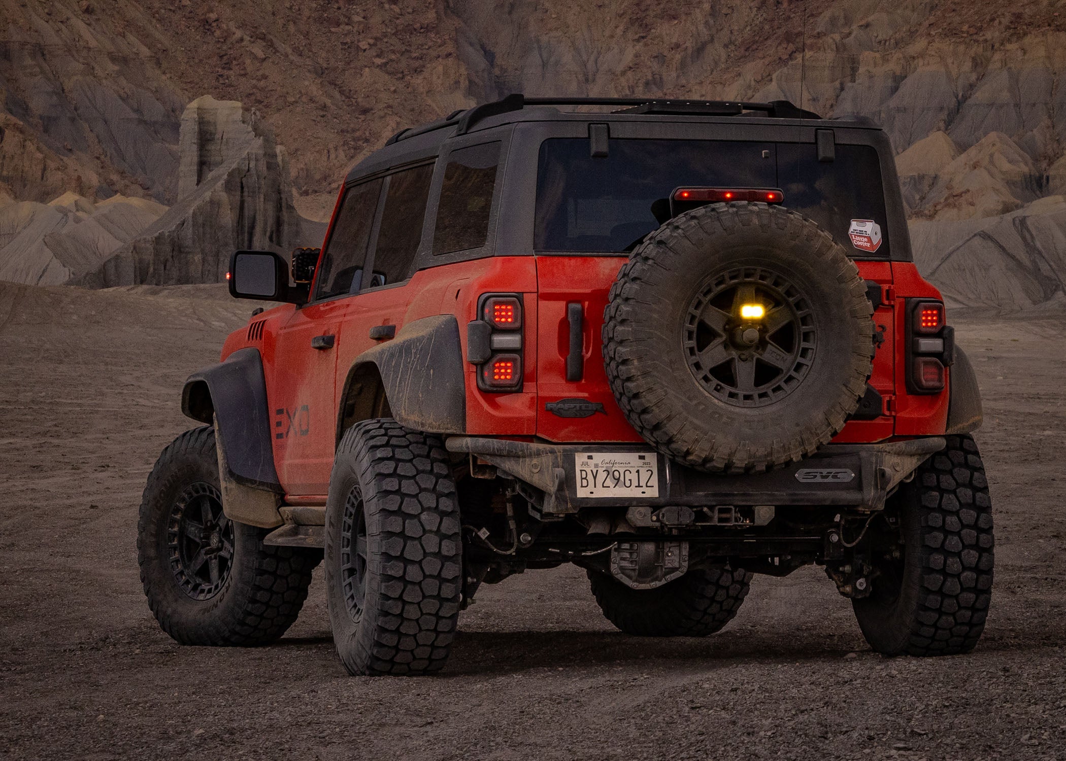 2021 Ford Bronco Baja rear bumper showcasing rugged design and off-road capabilities in a desert landscape.