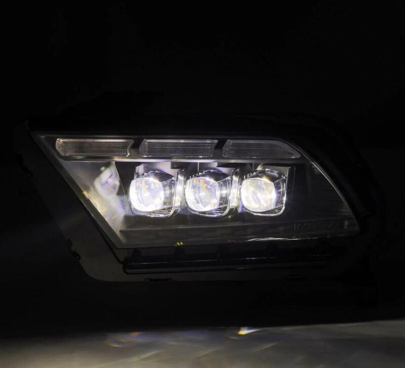 AlphaRex NOVA-Series LED projector headlights for 10-12 Ford Mustang, featuring black housing, sequential signals, and daytime running lights.