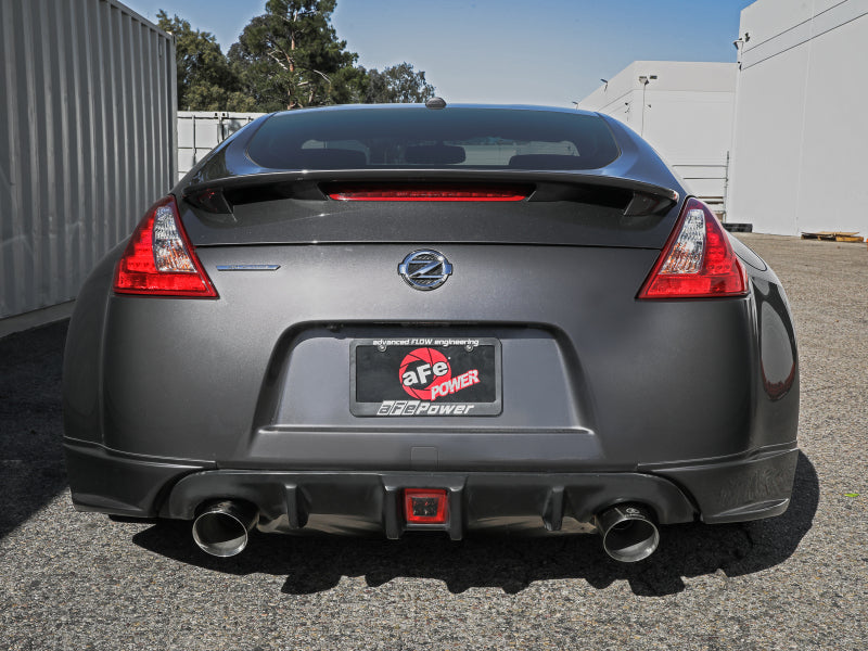 Afe Takeda Cat-Back Exhaust System installed on a Nissan 370Z, showcasing dual exhaust tips and sleek rear design.