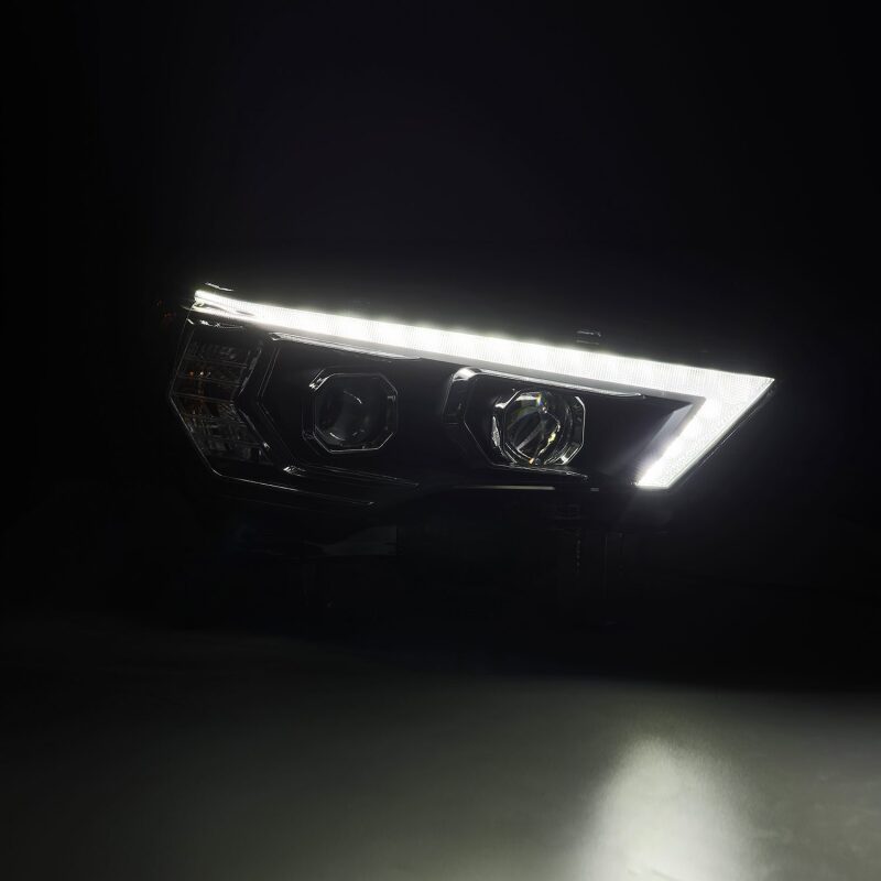 AlphaRex LUXX-Series LED projector headlights for 14-22 Toyota 4Runner, featuring black housing, active light, and sequential signals.