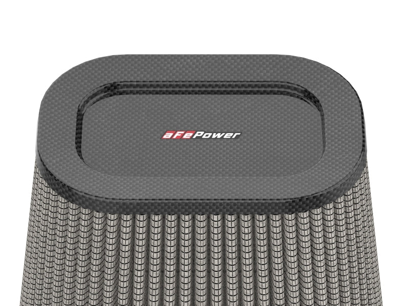 afe Track Series replacement air filter featuring a sleek design with a carbon fiber top, optimized for performance.