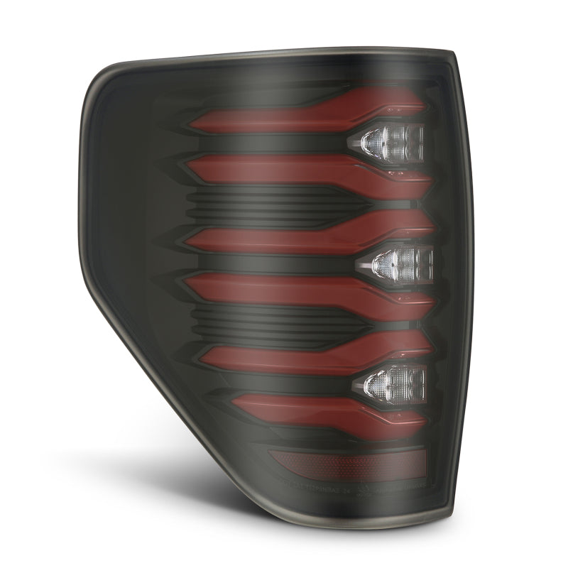 AlphaRex LUXX LED taillights for 09-14 Ford F150 featuring black and red housing for enhanced visibility and style.